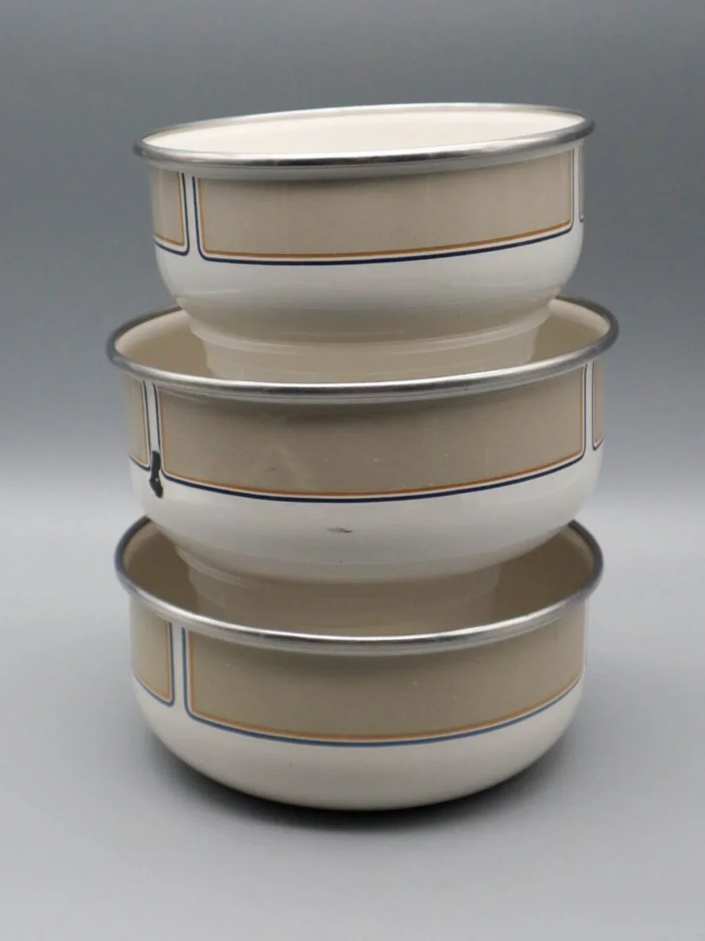 3 Vintage Kobe Kitchen Enamelware Bowls Mod Geometric Design Art Deco MCM